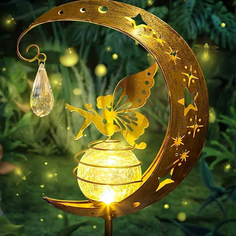 Luz de jardín lunar de hada alimentada por energía solar - Diseño caprichoso de mariposa y estrella, decoración de camino al aire libre para jardín, patio y porche, resistente a la intemperie IP65, batería de níquel cargada por energía solar, capacidad d