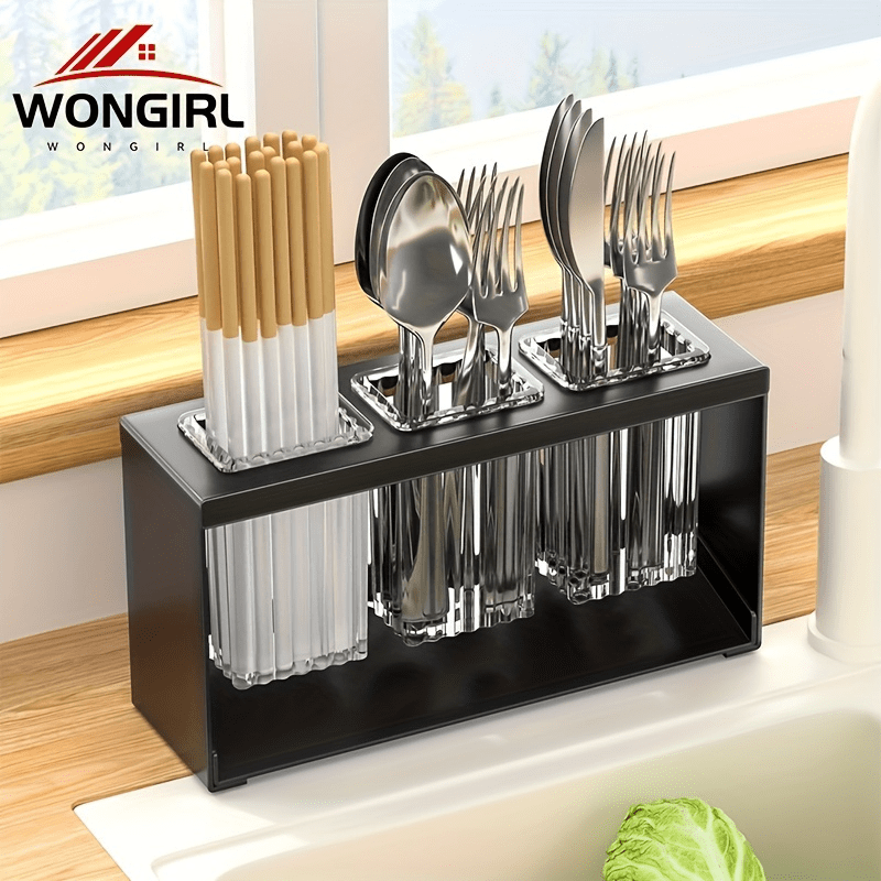 1pc Organizador multifuncional de utensilios de cocina con bandeja de drenaje - Soporte de plástico para almacenar cuchillos, tenedores, cucharas y palillos - Soporte de utensilios de mostrador con drenaje integrado para uso en el hogar y en restaurantes