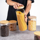 Juego de 5 frascos de vidrio herméticos con tapas de bambú, lavables a mano, recipientes redondos reutilizables para cocina, envases multipropósito con tapa flip top para dulces, galletas, arroz, azúcar, pasta, nueces y especias