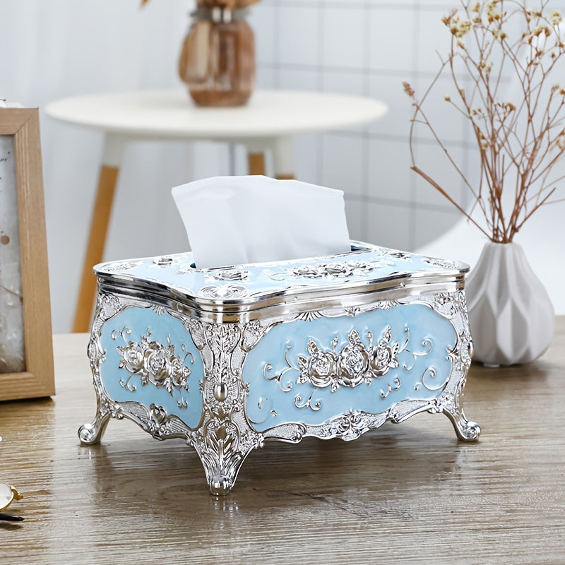 Caja de Pañuelos con Patrón de Rosas al Estilo Europeo Elegante - Plástico Duradero, Diseño Cuadrado para Uso en el Hogar y el Coche