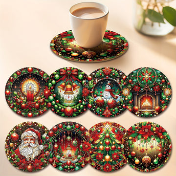 8 piezas Conjunto de posavasos de madera festivos de Navidad - Resistente al calor, lavable a mano, para bebidas, café, oficina, cocina, decoración de mesa, regalo de vacaciones, diámetro de 9,98 cm