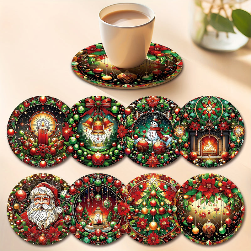 8 piezas Conjunto de posavasos de madera festivos de Navidad - Resistente al calor, lavable a mano, para bebidas, café, oficina, cocina, decoración de mesa, regalo de vacaciones, diámetro de 9,98 cm