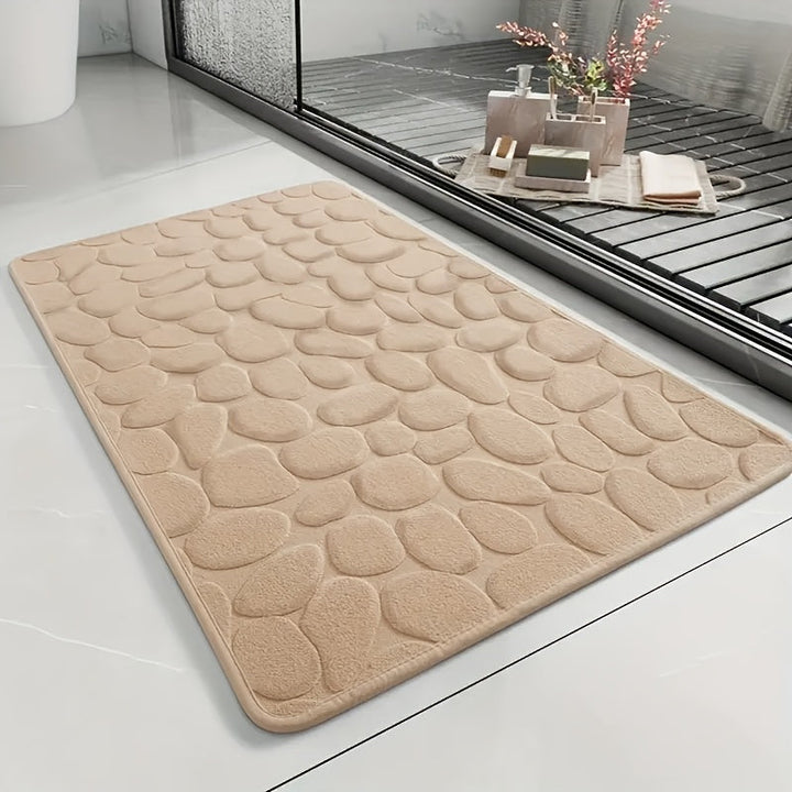 1pc Alfombra de baño de lujo con diseño de guijarros - Antideslizante, suave vellón de coral, secado rápido, alfombra de baño de poliéster absorbente - Lavable a máquina, accesorio de baño rectangular tejido con respaldo antideslizante, 300 g/m²