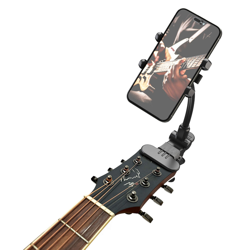 Soporte de teléfono para cabeza de guitarra LRBH - Montaje ajustable para transmisiones en vivo, enseñanza, grabación de video - Compatible con Android e iPhone - Ideal para guitarra eléctrica, bajo, ukulele, piano - Uso en escritorio y cocina