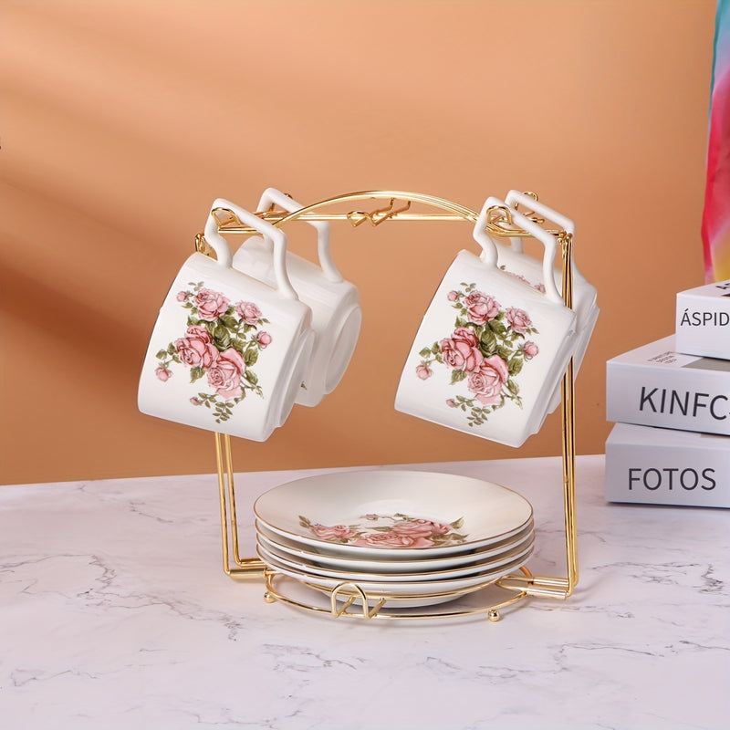 1 soporte plegable elegante de metal dorado para tazas y platillos, capacidad para 6 tazas de té florales, ideal para mostrador de cocina o sala de estar