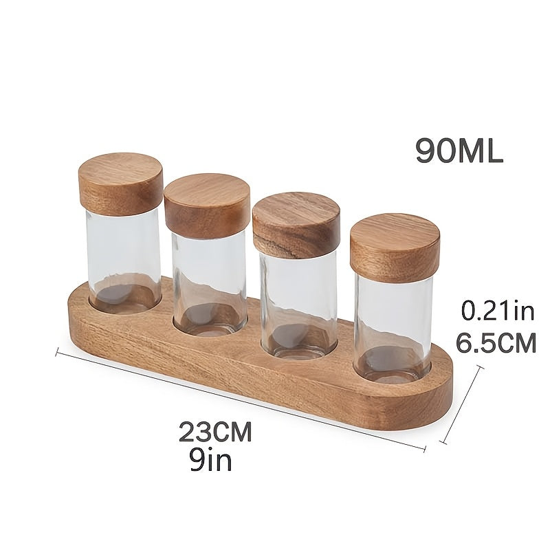 Juego de 4 frascos de vidrio de 90 ml (3 oz) con tapa de madera de acacia y bandeja organizadora para especias de cocina