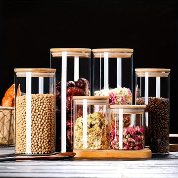 6 piezas de frascos de almacenamiento de vidrio de borosilicato resistente al calor, contenedores redondos transparentes para aperitivos de cocina, frascos sellados para granos, con tapas para almacenamiento de dulces y frijoles de café.