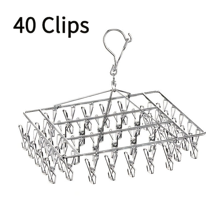 40 piezas de tendedero de acero inoxidable con 20 ganchos estándar - Secador de ropa resistente para interior/exterior, con ganchos giratorios de metal pulido, diseño antiventos, pinzas removibles para ropa y calcetines, tendedero plegable