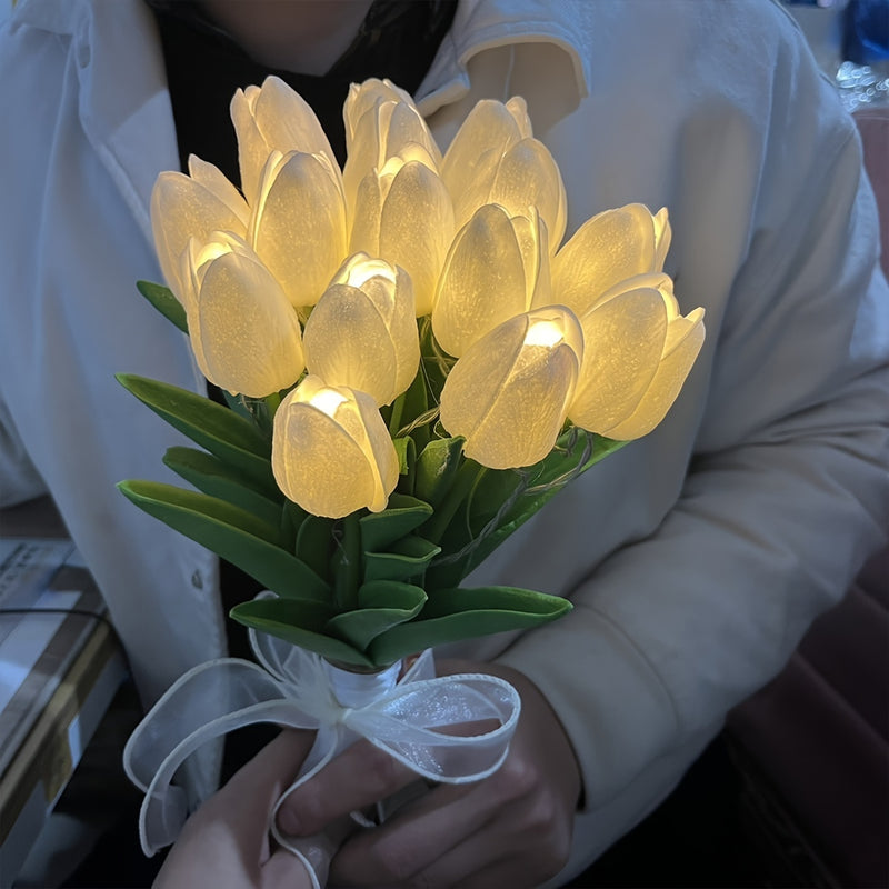 Luz Nocturna LED de Tulipán - 5/10/15 Flores, Funciona con Pilas (AA), Perfecta para Regalos de Parejas y Cumpleaños, Adorno Decorativo Moderno para Mesa
