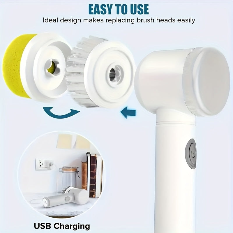 Cepillo giratorio 5 en 1 con 5 cabezas intercambiables - Cepillo de mano inalámbrico, limpiador de ducha y cocina recargable para baño, bañera, azulejos y ducha - Portátil, carga USB, batería de 500 mAh, cepillo de limpieza | Limpiador de cocina moderno