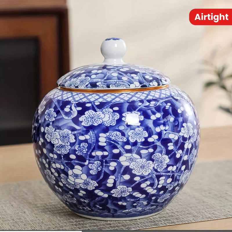 Elegante Tarro de Té de Porcelana Azul y Blanca - Grande, Hermético y de Cerámica para Cocina y Comedor