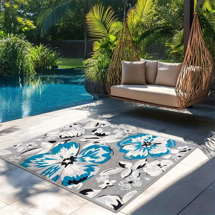 Siete Ciervos Alfombra de Exterior de Veludo Ultra-Suave - Antideslizante, Lavable en Máquina, Patrón Geométrico en Azul, Blanco y Gris - Alfombra Ligera y Duradera para Patio, Camping y Decoración del Hogar, Decoración de Patio | Acento Moderno del Hoga