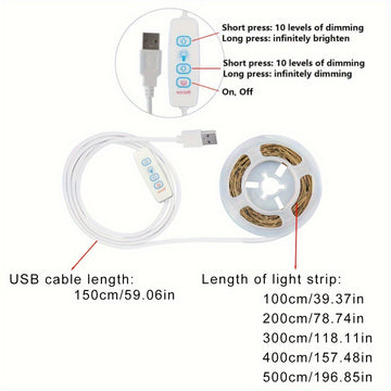Luz LED de Tira Cálida y Cálida con Alimentación USB, Brillo Ajustable de 99.97-499.87cm - Perfecta para Armarios, Espejos, Techos, Cocinas y Dormitorios