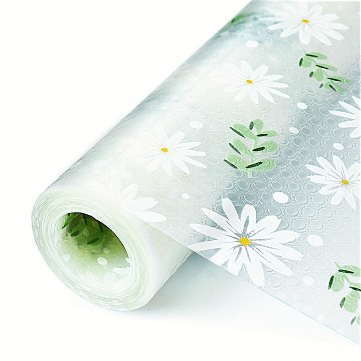 1 Rollo de Forro Impermeable para Cajones, Patrón de Hoja Verde Crisantemo Pequeño para Armarios y Encimeras de Cocina - Papel Especial para Zapateros, Alfombrilla EVA Antivaho para Nevera, Armario - Antideslizante y Cortable, Uso Múltiple en Varios Esce