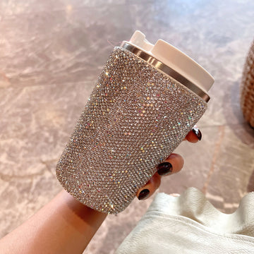 Taza de acero inoxidable aislante con incrustaciones de diamantes elegante - Ideal para oficina y hogar, apta para alimentos
