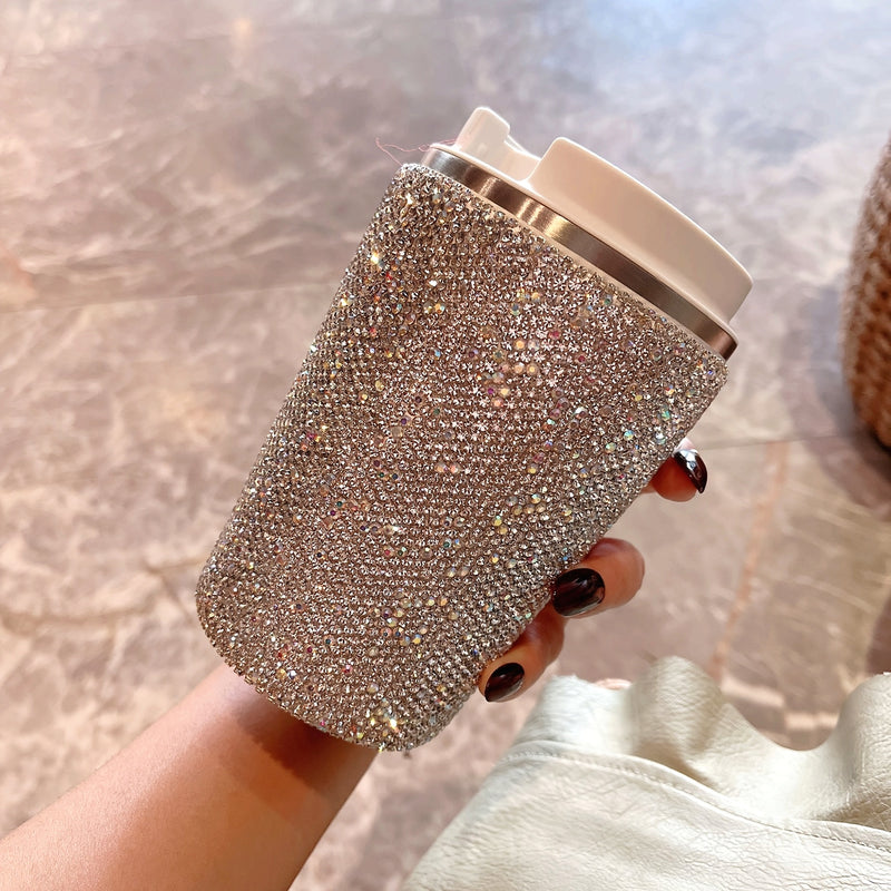 Taza de acero inoxidable aislante con incrustaciones de diamantes elegante - Ideal para oficina y hogar, apta para alimentos