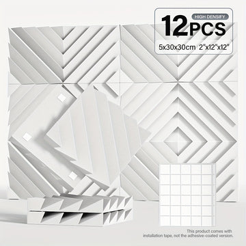 12pcs, 24pcs - Paneles de Espuma Aislante Acústica con Ranura Diamantada 5.08x30.48x30.48 cm, Paneles de Alta Densidad para Estudio, Paneles Decorativos 3D, Material Absorbente de Sonido para Hogar u Oficina (Incluye Pegatinas)