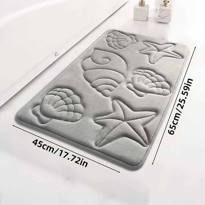 Alfombra de baño de felpa coral suave con memoria - Secado rápido, antideslizante, lavable a máquina con diseño de conchas y estrellas de mar para decoración de baño, dormitorio, cocina y lavandería, alfombra de baño