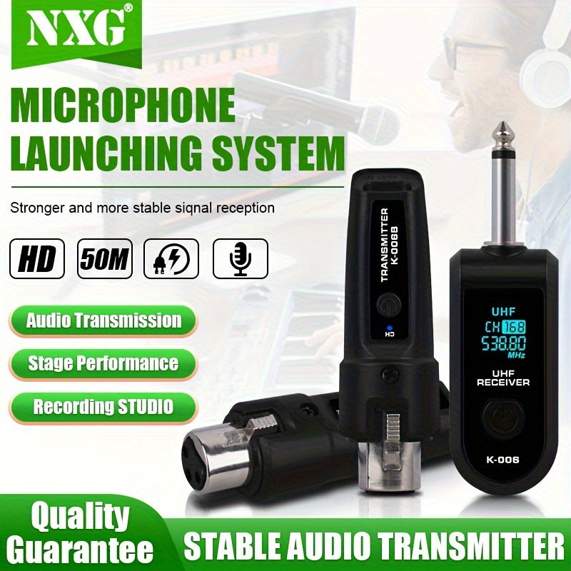 Transmisor y Receptor sin varillas NXG 2pcs/1pc, Sistema Compatible con Micrófonos XLR, Conector Jack de 6.35mm, Transmisión Larga Distancia 2.4GHz, Recargable USB para Micrófonos Condensador y Dinámicos