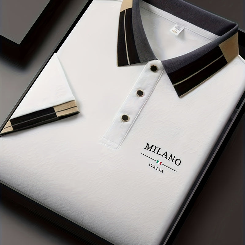 Camiseta polo ligera y suave para hombre con estampado de letras "MILANO ITALIA" - Transpirable para verano, uso casual y empresarial, ajuste regular, cuello con botones, perfecta para vacaciones y uso diario, ropa de vacaciones, diseño de contraste eleg