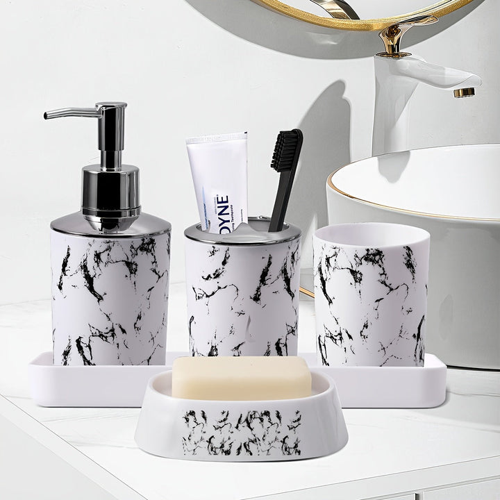 Juego de 5 piezas de accesorios de baño de mármol negro - Soporte de cepillo de dientes de plástico, dispensador de jabón, recipiente de jabón, tazas con bandeja