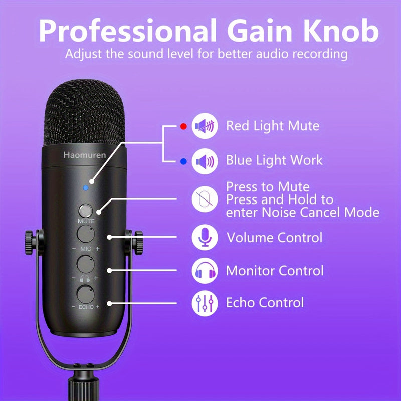 Micrófono USB Condensador, Kit de Micrófono para Juegos Haomuren con Brazo de Soporte, Micrófono Supercardioid con Botón de Silencio, Perilla de Aumento de Volumen de Eco, Ajuste de Monitor para Teléfono, PC, Computadora, Tableta, Streaming, Grabación, P