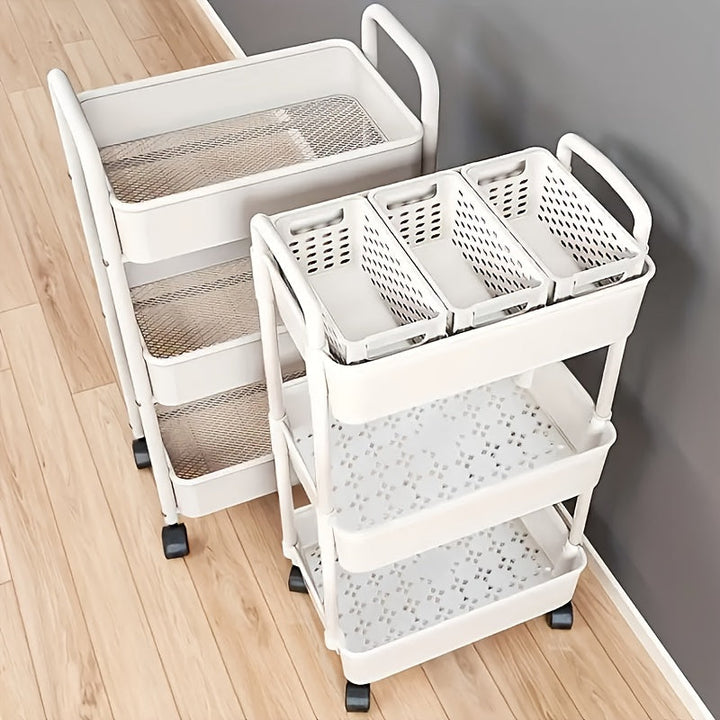 Carrito de Almacenamiento Rodante de Plástico Blanco de 3 Niveles con Asa - Organizador Multiusos para Cocina, Baño y Dormitorio - Estantes de Malla Duraderos para Acceso Fácil, Carro Utilitario Móvil | Almacenamiento Moderno | Almacenamiento Ventilado