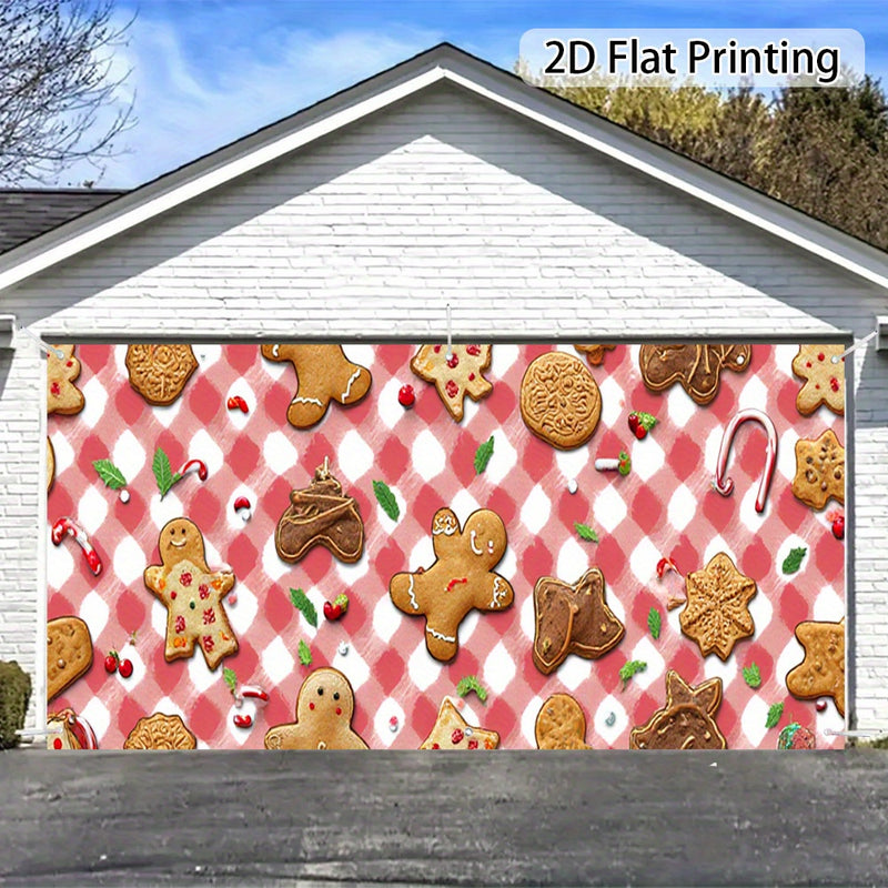 2D Banner de puerta, 1 pieza, diseño festivo de galletas de jengibre y galletas navideñas para banner de puerta de garaje - Poliéster duradero, no necesita energía, perfecto para decoración navideña, bodas, regreso a la escuela, fiestas hawaianas y celeb