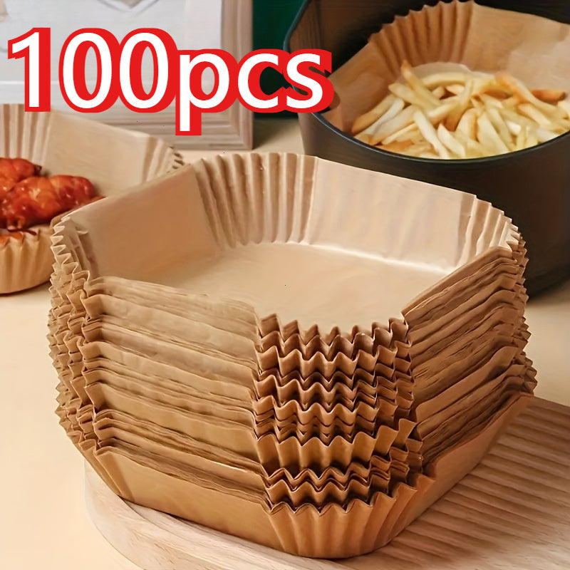 100 piezas de papel de línea para freidor de aire antiadherente - Cuadrado, cocina y horneado saludables, papel a prueba de aceite fácil de limpiar, ideal para cocinas domésticas y comerciales, perfecto para freír, hornear, uso de microondas, accesorios