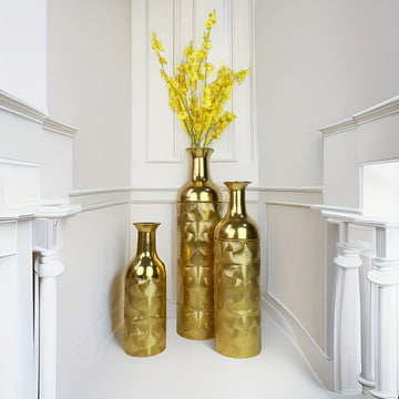 3 modernos jarrones de suelo de metal decorativos de lujo dorado con un toque de alta gama adecuados para flores artificiales en el hogar, hotel y oficina.
