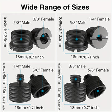 Conectores Roscados para Soportes de Micrófono en - Adaptadores de Tornillo de 4 piezas: Hembra de 5/8" a Macho de 3/8", Hembra de 3/8" a Macho de 5/8", Hembra de 5/8" a Macho de 1/4", Hembra de 1/4" a Macho de 5/8" para Brazos de Micrófono, Trípodes de