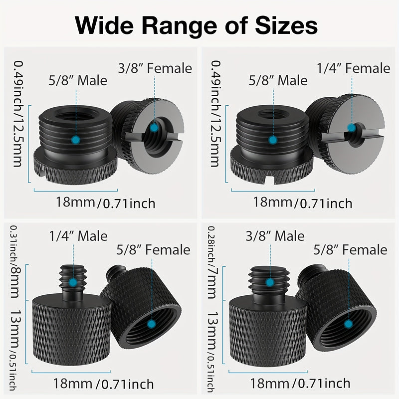 Conectores Roscados para Soportes de Micrófono en - Adaptadores de Tornillo de 4 piezas: Hembra de 5/8" a Macho de 3/8", Hembra de 3/8" a Macho de 5/8", Hembra de 5/8" a Macho de 1/4", Hembra de 1/4" a Macho de 5/8" para Brazos de Micrófono, Trípodes de