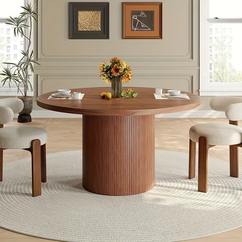 1pc Mesa Redonda de 47 Pulgadas, Base de Madera Estilo Moderno Granja para Cocina o Sala, Apta para 4 Personas, Color Nogal
