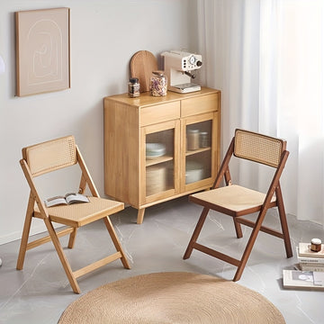Silla plegable moderna de bambú de 1 pieza con asiento de mimbre - Color marrón claro, diseño de espalda abierta, estructura de bambú duradera, capacidad de peso de 150 kg, no necesita ensamblaje - Ideal para uso en casa o en la oficina, silla de oficina