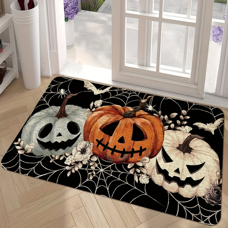 1pc Felpudo de Halloween de poliéster, diseño de telaraña de calabazas negras, felpudo decorativo de entrada espeluznante, respaldo de goma antideslizante para interiores/exteriores, rectangular, lavable a máquina, decoración de piso para el hogar y la c