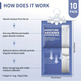 Paquete de 10 Bolsas Absorbentes de Humedad, Bolsas Antihumedad de Cloruro de Calcio de Alta Eficiencia para Armario, Paquetes de Humedad, Absorbente Colgante Sin Aroma en Guardarropas, Baños, Eliminador de Olores y Moho, Ideal para el Hogar y Viajes