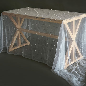 1pc Camino de Mesa con Perlas y Sobrecapa de Encaje Transparente - Poliéster Resistente a Arrugas para Arco Nupcial & Decoración de Comedor, Mantel Blanco Romántico Rectangular para Despedidas de Soltera, Banquetes y Eventos Especiales, Decoraciones de M