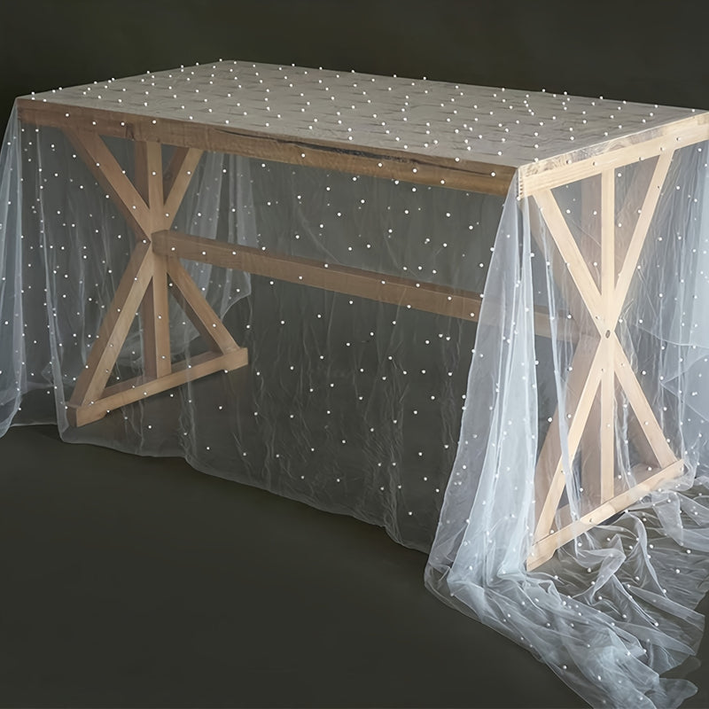 1pc Camino de Mesa con Perlas y Sobrecapa de Encaje Transparente - Poliéster Resistente a Arrugas para Arco Nupcial & Decoración de Comedor, Mantel Blanco Romántico Rectangular para Despedidas de Soltera, Banquetes y Eventos Especiales, Decoraciones de M