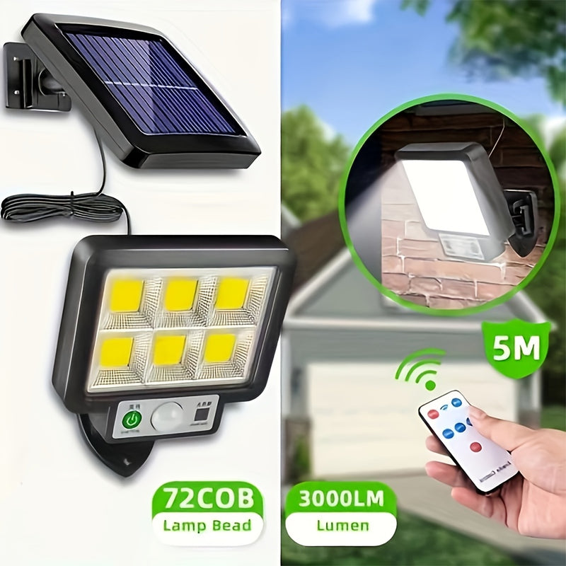 Lámpara solar LED para exterior, 56/72/108/117 LED, 3000 lúmenes, con sensor de movimiento, 3 modos de iluminación, paneles ajustables, seguridad con cable, para patio