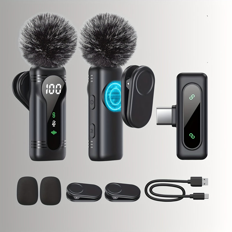 Microfono sin varillas Lavalier Dual Set Plug & Play con Montaje Magnético, Cancelación de Ruido, Funciones de Silencio y Reverb, Alcance de 30m, Indicador de Batería para YouTube, Podcasts y Grabaciones de Video