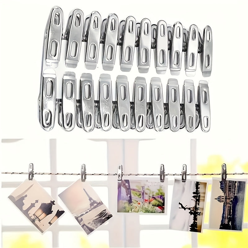 20 piezas de Pinzas para Ropa de Acero Inoxidable Resistentes - Antioxidantes y a Prueba de Viento para Uso Interior y Exterior - Clips Metálicos Multiusos para Colgar Ropa, Organizar Artículos y Sujetar Bolsas - Ideales para Camping, Viajes y Organizaci