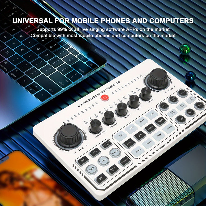 Interfaz de audio portátil Caster-All One-in-One con preamplificador de micrófono premium, carga USB, diseño compacto para podcasting, transmisión en vivo, DJ, PC y teléfonos inteligentes - Blanco, grabación de multimedia, equipo de estudio moderno, cons