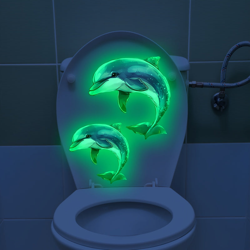 Pegatina de tapa de inodoro con diseño de delfín que brilla en la oscuridad - Autoadhesiva, decalcomanía de baño de PVC para decoración de inodoro, uso único, diseño temático del océano, decoración de baño | Tema náutico | Acabado brillante