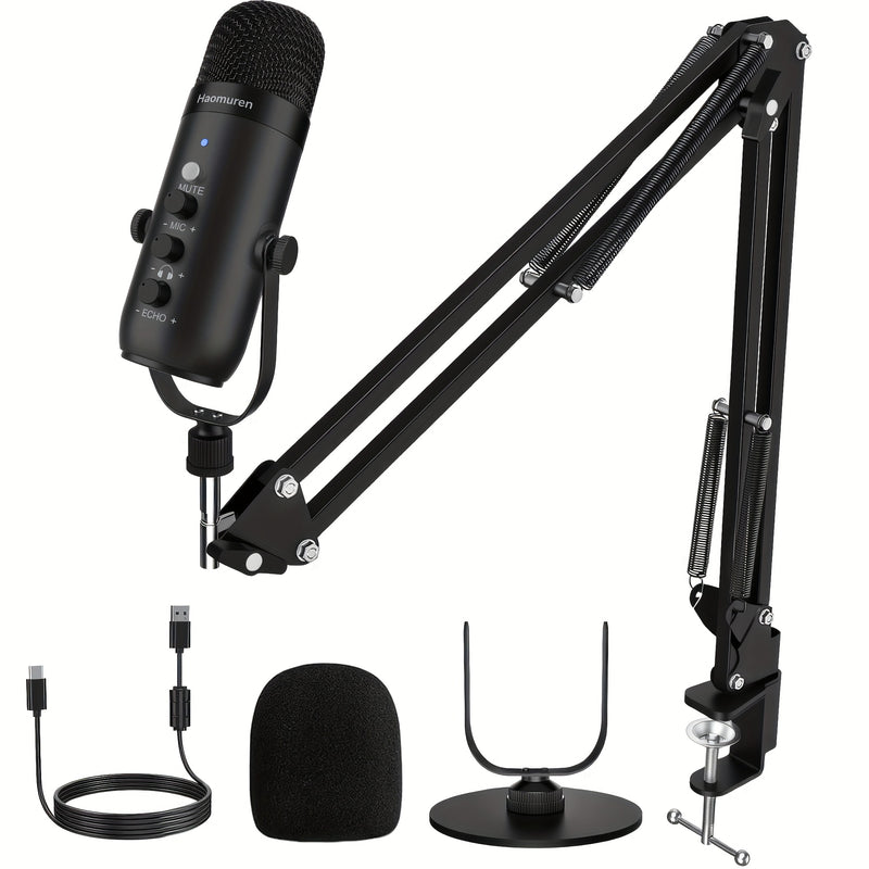 Kit de Micrófono Profesional de la Marca Haomuren, Soporte de Escritorio y Boom con Filtro Anti-pop, Compatibilidad USB Plug-and-Play para Varios Dispositivos · Silencio con Un Botón · Monitoreo en Tiempo Real · Efecto de Reverberación · Adecuado para Gr