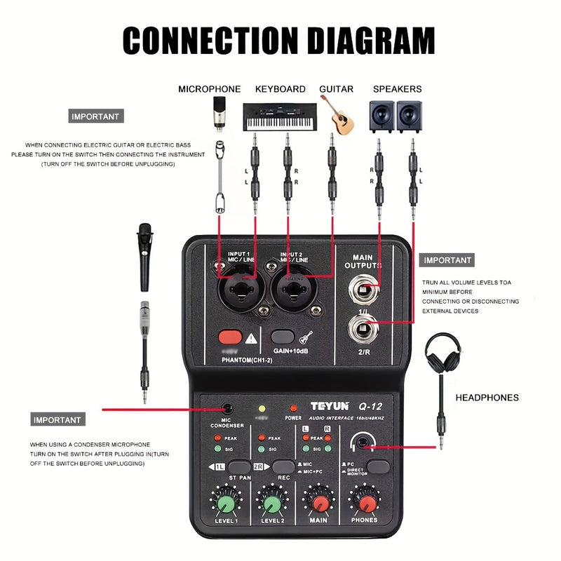BOMGE Q12 2 canales de interfaz de audio portátil - Mezclador mini USB profesional para guitarra, voces y grabación de estudio, 36V o menos, material ABS negro, 2 canales, 2 canales de interfaz de audio | Mezclador compacto | Construcción duradera