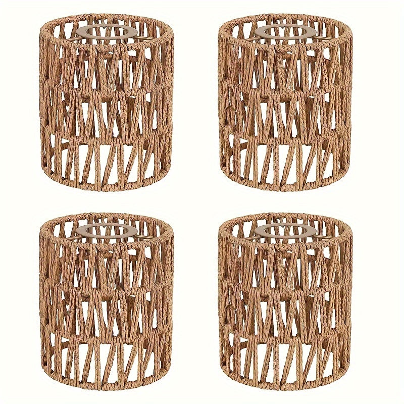 4-Pack Sombrillas de Lámpara de Rattan Rústico, Cubiertas de Luz de Cilindro Tejidas a Mano para Lámparas de Pie, Pendientes, Araña, Sconces de Pared - No se Necesita Electricidad ni Batería