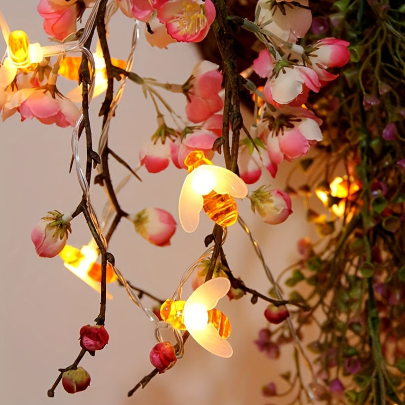 Luces de hada de jardín navideño solares en forma de abeja, pack de 2, 60 LED, luces de jardín de tema animal de plástico, control de botón, luz blanca, alimentadas por energía solar con batería de níquel de 600mAh, función de parpadeo, paneles solares r