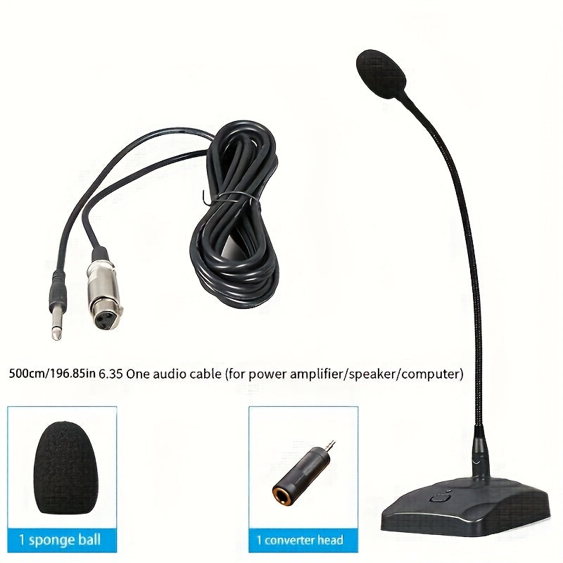 Micrófono de escritorio dinámico con cuello de cisne, construcción metálica, negro, conector de 6,35 mm, alimentado por batería (batería no incluida), voltaje de funcionamiento ≤36 V, para amplificador/altavoz/ordenador