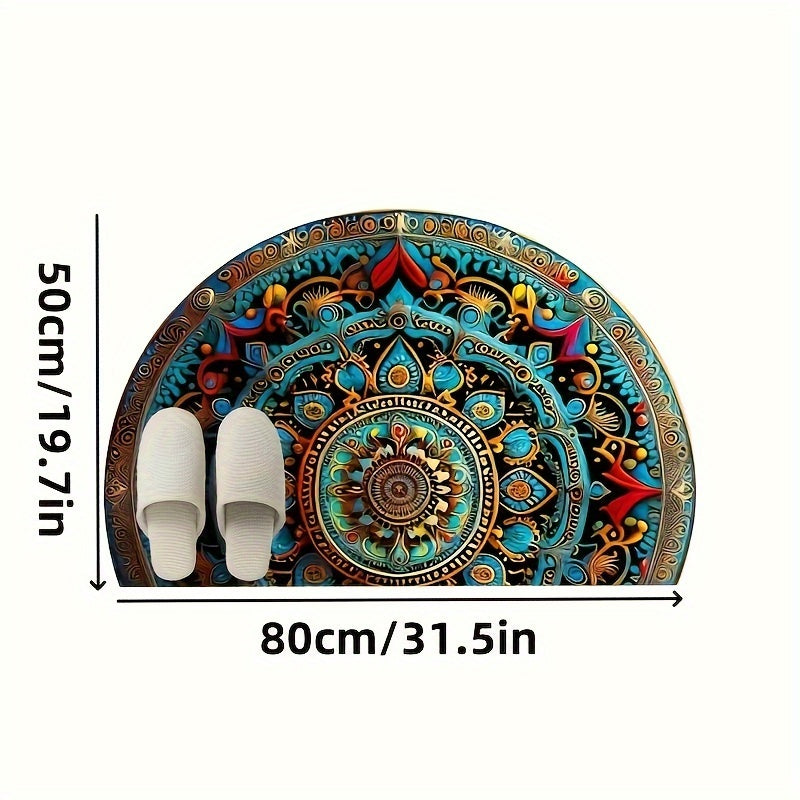 Felpudo de entrada Boho Mandala Semi-Circular, Antideslizante, Superabsorbente de fibra de poliéster de terciopelo de cristal con respaldo de moldeado de punto, lavable en máquina para entrada, sala de estar, cocina - 1000gsm, adecuado para centros comer