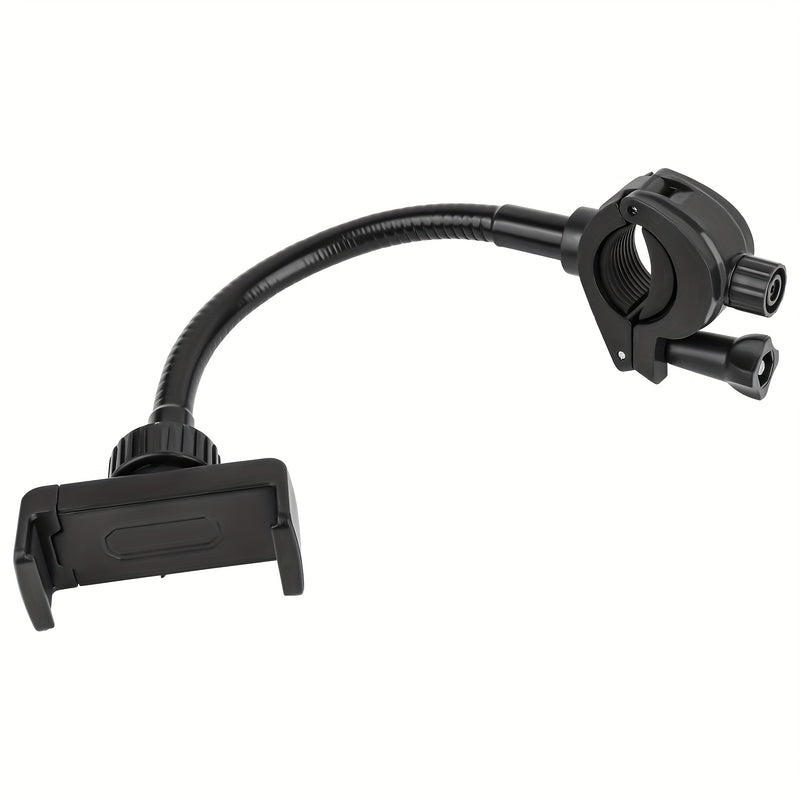 Un soporte para teléfono móvil para micrófono, hecho de material PP; la cabeza de bola metálica puede rotar 360°, con un cuello flexible que se puede ajustar a cualquier ángulo; el abrazadera en forma de O es más estable y más ajustado; dos colectores de